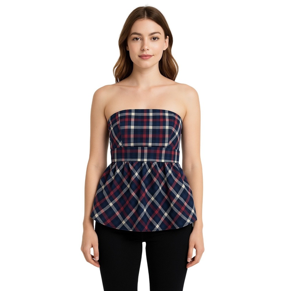 Odille Anthropologie Y2K Strapless Peplum‎ Plaid Top Coquette Bustier Belted 10